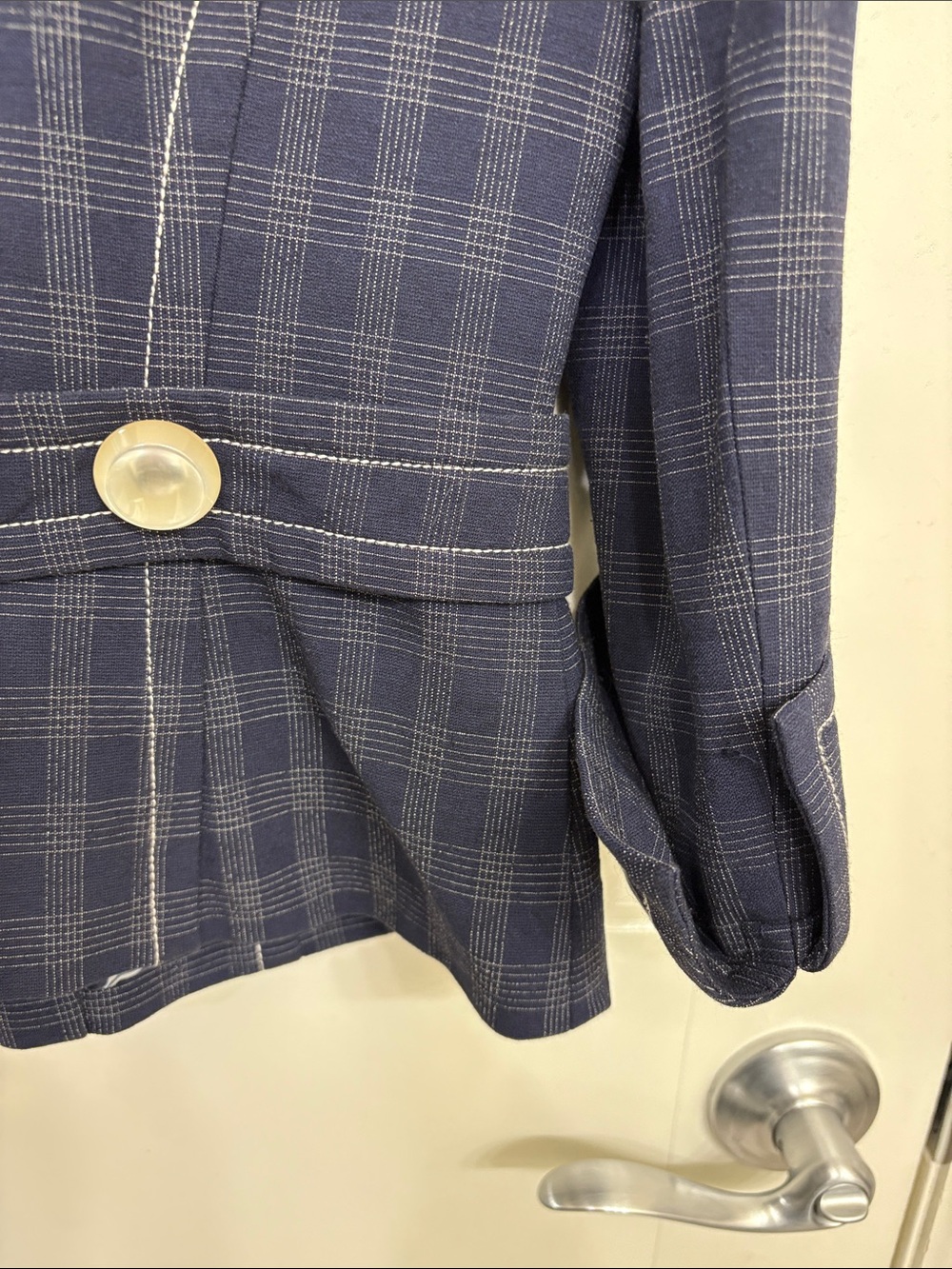 Tracy Reese Navy Plaid Tailored Blazer with Contrast Stitching - Picture 11 of 12